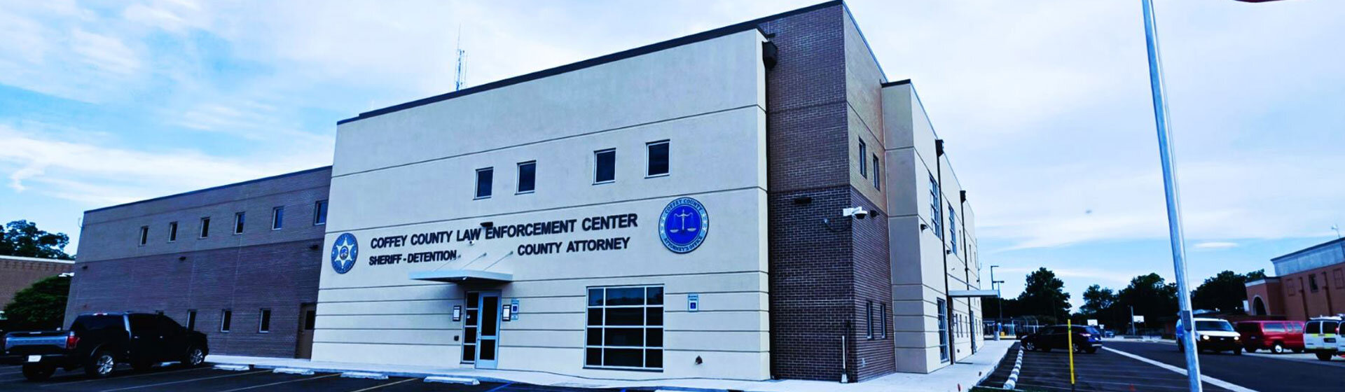 Exterior of the Coffey County Law enforcement Center, from the corner showing two sides. 